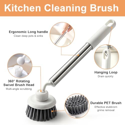 Kitchen Scrub Brush, 360° Swivel Head Long Handle Pot Dish Brush - Image 2