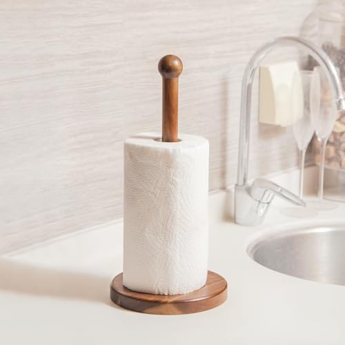 14" Acacia Wooden Paper Towel Holder, 6.7" Large Heavy Base Wooden Kitchen - Image 4