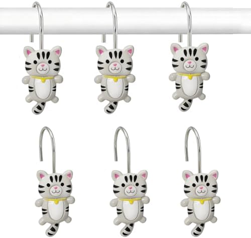 12 PCS Cat Shower Curtain Hooks, Decorative Shower Curtain Hooks Hand-Painted by YRMLYMOP