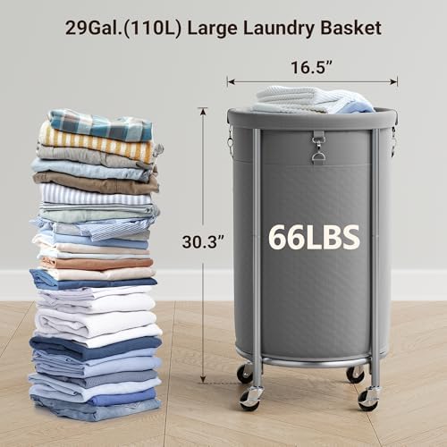 ELYKEN Laundry Basket with Wheels, Round Rolling Laundry Hamper - Image 3
