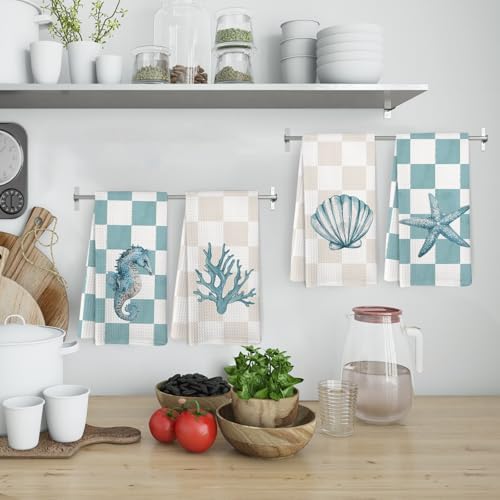 Coastal Beach Kitchen Towels and Dishcloths Set of 4, Preppy Beachy Seahorse - Image 2