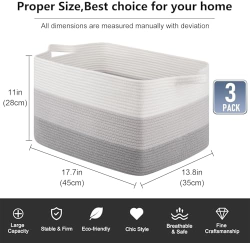 OIAHOMY 50L Storage Basket Large Blanket Basket Living Room Gray 3-Pack - Image 3