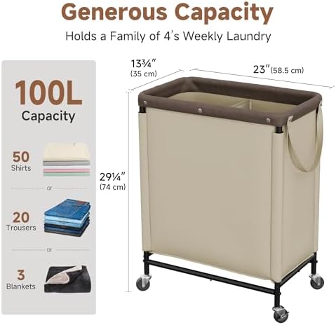 StorageWorks 2 Section Laundry Hamper, 100L Tan Sorter Cart - Image 2