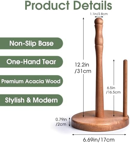Farmhouse Acacia Wood Paper Towel Holder Countertop, Weighted Base - Image 5