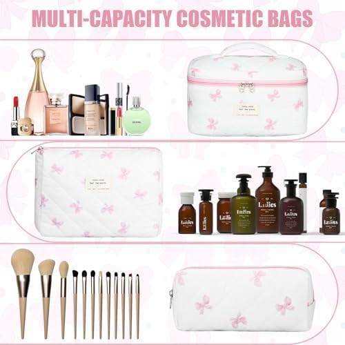 BuyCard Quilted Makeup Bag Set, CuteFloral Cotton Coquette Makeup Bag Toiletry - Image 4