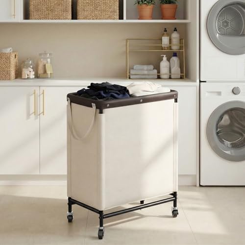StorageWorks 2 Section Laundry Hamper, 100L Beige Sorter Cart - Image 6