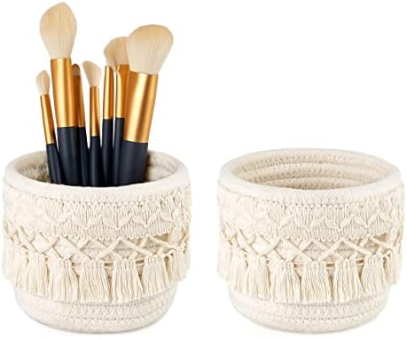 Mkono Macrame Makeup Brush Holder, Boho Mini Storage Basket Set of 2 Ivory by Mkono