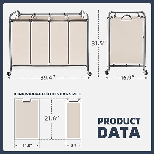 STO STO Laundry Sorter 4 Section, 4 Bag Clothes Hamper, Rolling Laundry Cart - Image 6