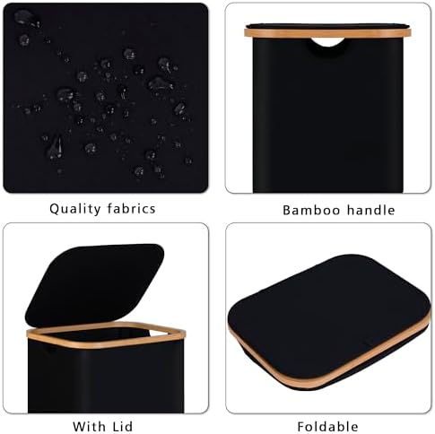 100L Laundry Hamper with Lid, Lagre Basket with Bamboo Handles, Foldable - Image 2