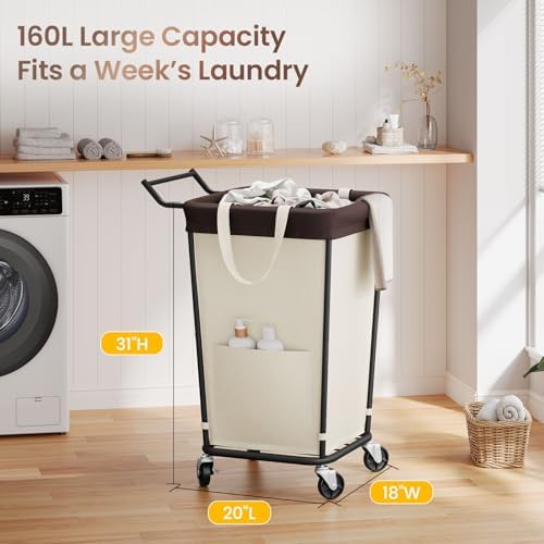 160L Laundry Hamper with Wheels and Handle, 2-Section Rolling Hamper - Image 2