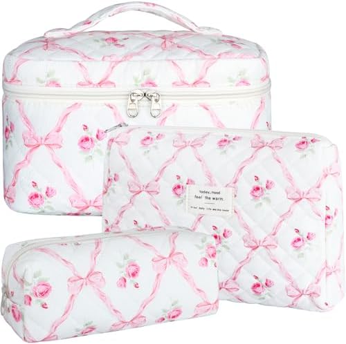 BuyCard Quilted Makeup Bag Set, CuteFloral Cotton Coquette Makeup Bag Toiletry by BuyCard