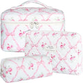 BuyCard Quilted Makeup Bag Set, CuteFloral Cotton Coquette Makeup Bag Toiletry by BuyCard
