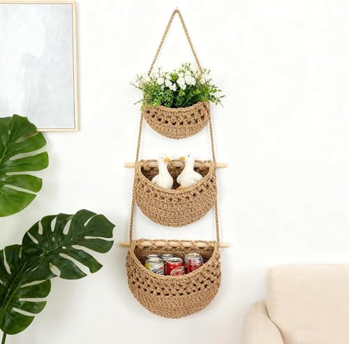 3 Tier Cotton Woven Wall Hanging Fruit Basket, 35.4 Inch - Image 2