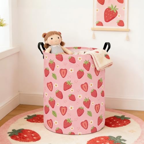 Round Laundry Basket Collapsible Storage Hamper Flower Strawberry - Image 5