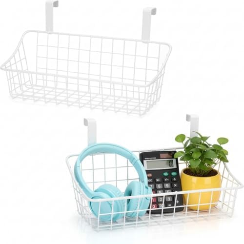 LeleCAT White Basket with hook Grid Storage Basket, Hang it behind a door or on by HomeSpaceStorageBasket
