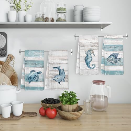 Coastal Nautical Kitchen Towels and Dishcloths Set of 4, Farmhouse Ocean Beach - Image 2