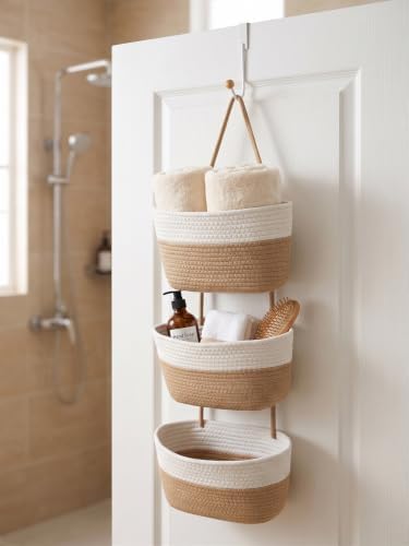 Over the Door Hanging Basket for Organizing 3 Tiers Woven Cotton Rope Wall - Image 2