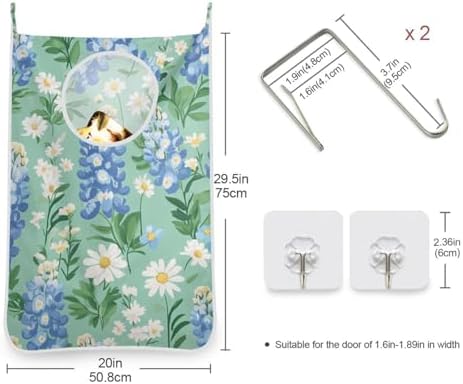 Mint Green Bluebonnet and Daisies Hanging Laundry Hamper Door Hampers Bag Basket - Image 3