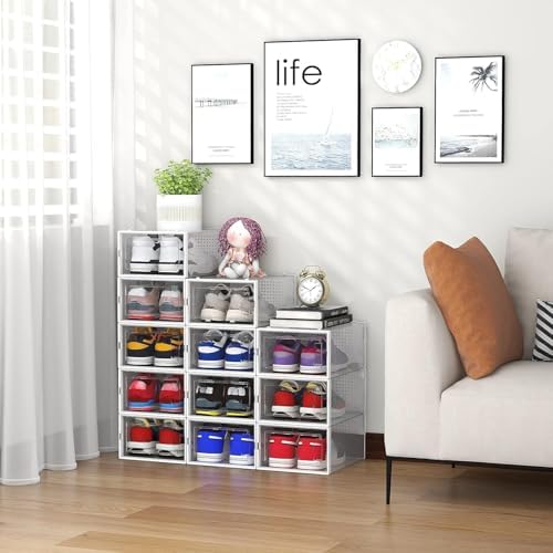 Seseno 12 Pack Shoe Organizer Storage Bins Clear Plastic Stackable Shoe Boxes - Image 2