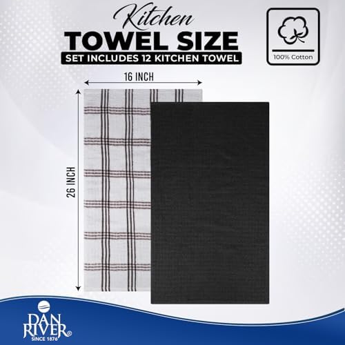 DAN RIVER Black Kitchen Towels, 12 Pack, 16x26 Inches Absorbent Dish Towels - Image 2