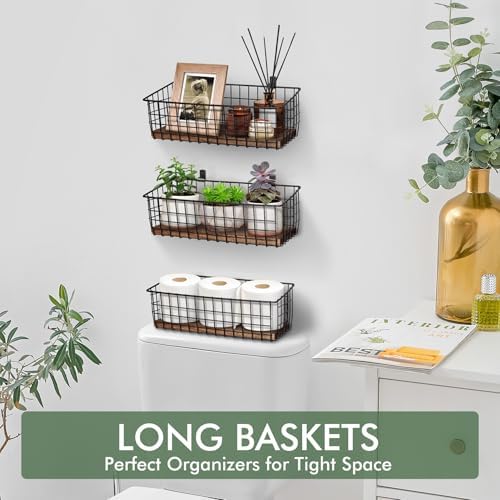 Wall Hanging Baskets, 3 Wooden Wire Bins - Image 6