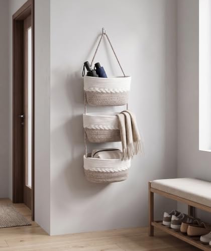 Over the Door Hanging Basket for Organizing 3 Tiers Woven Cotton Rope Wall - Image 5