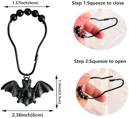 Bat Shower Curtain Hooks, Gothic Black Vampire Bats Bathroom Decor - Image 3