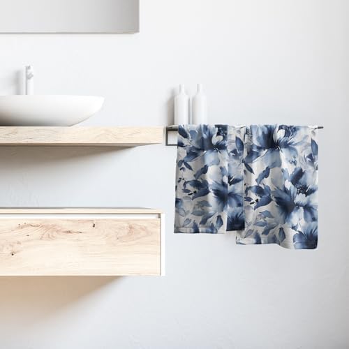 Navy Blue Flower Hand Towels Set of 2, Modern Ink Floral Face Towel 28X14 inch - Image 6