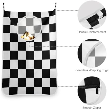 Checkered Black and White Hanging Laundry Hamper Door Hampers Bag Basket - Image 5