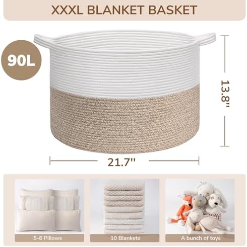 INDRESSME XXXLarge Woven Rope Blanket Basket Living Room Light Brown - Image 3