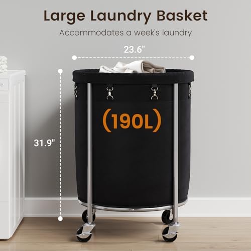 ELYKEN Laundry Basket with Wheels, Round Rolling Laundry Hamper - Image 3