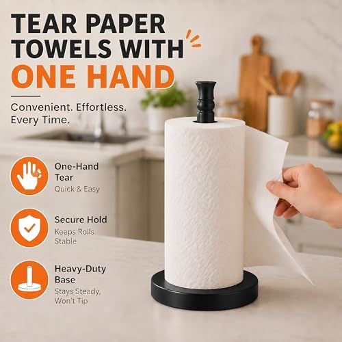Black Paper Towel Holder Countertop, Stainless Steel Heavy Weighted Base - Image 3