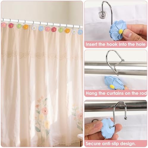 Flower Shower Curtain Hooks, 12 Pack Rustproof Stainless Steel Decorative - Image 6