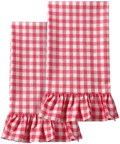 HunnmingRe 2 Pcs Watermelon Pink Gingham Kitchen Towels Cotton Ruffled by HunnmingRe