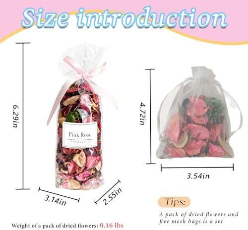 Potpourri Bowl Filler with 5 Clear Mesh Bags – Pink Rose Scented Dried Flowers - Image 2