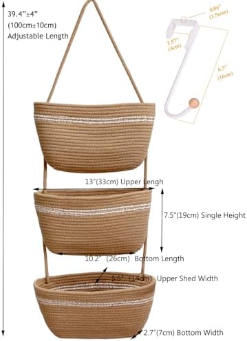 Over the Door Hanging Basket for Organizing 3 Tiers Woven Cotton Rope Wall - Image 3