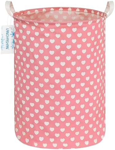 Round Laundry Basket Collapsible Storage Hamper Organizer Pink Heart by LANGYASHAN