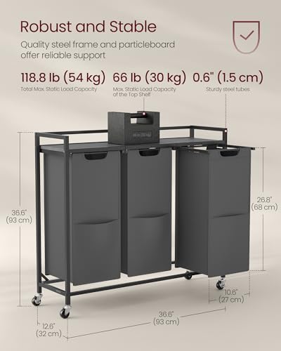 VASAGLE Laundry Sorter 3 Section, Rolling Cart - Image 6