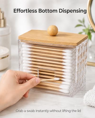 Cotton Swab Holder with Bamboo Lid, Diamond Cut Swab Dispenser - Image 5