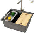 STARSTAR Workstation Ledge Topmount/Drop-in Single Bowl Satin Matte Stainless Steel Kitchen/Yard/Bar/Laundry/Office Sink, With Grid, Colander, Cutting Board, Strainer (22x22x12 Black)