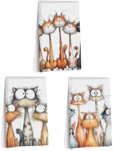 3 Pcs Cute Cat Kitchen Towels, Funny Cats Gifts Absorbent Hand Towels-03 by Jztco