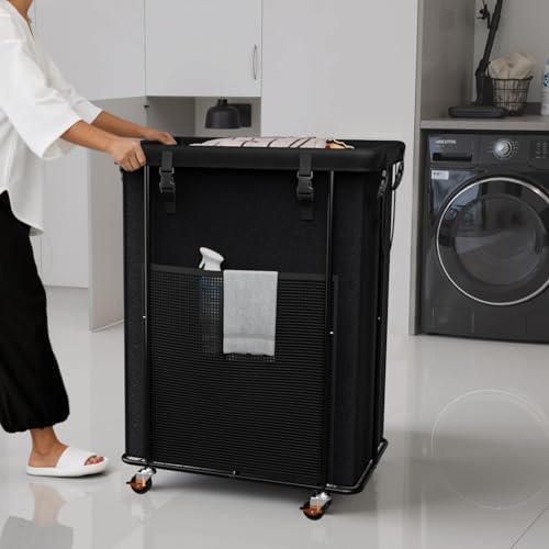 Laundry Hamper with Wheels and Lid, 200L Large Rolling Laundry Basket Black - Image 7