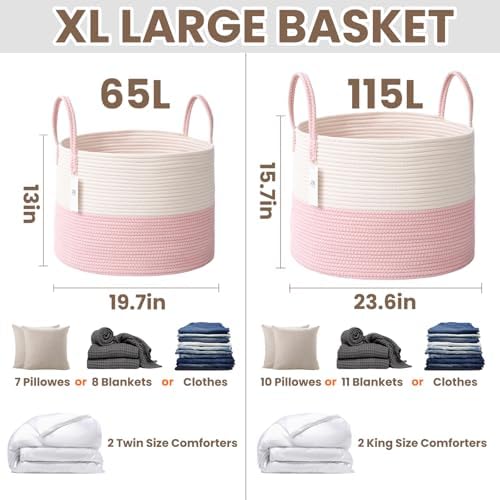 JMvicyroam 115L Extra Large Machine Washable Cotton Rope Blanket Basket - Image 3
