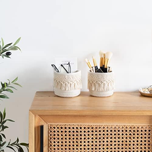 Mkono Macrame Makeup Brush Holder, Boho Mini Storage Basket Set of 2 Ivory - Image 3
