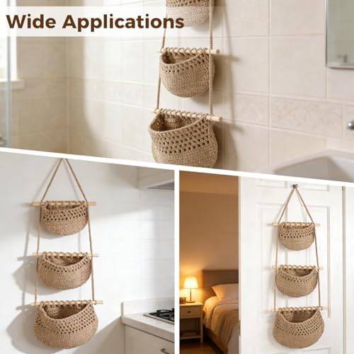 3 Tier Woven Natural Jute Macrame Wall Hanging Basket, Handmade Boho Bohemian - Image 5