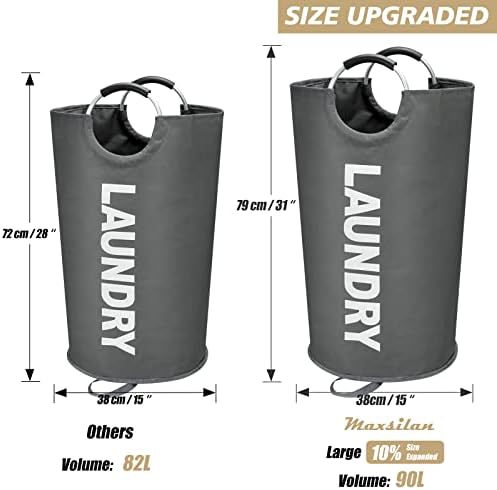 Maxsilan 90L Large Laundry Basket Bag, Collapsible Tall Hamper, Dark Grey - Image 3