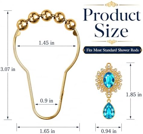 12PCS Aqua Blue Gem Shower Curtain Hooks, Elegant Bathroom Decor - Image 3