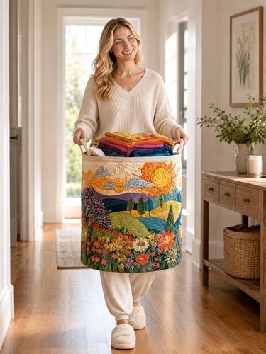 Quilted Laundry Basket with Handles, Boho Floral Quilted Storage Hamper - Image 5