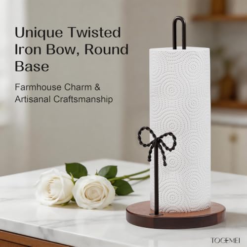 Wooden Paper Towel Holder Countertop, Hand‑Twisted Iron Bow Decor - Image 2
