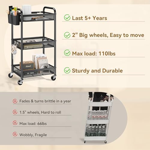 YASONIC 3 Tier Metal Rolling Cart - Image 3